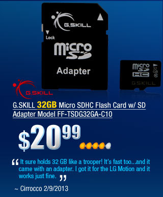 G.SKILL 32GB Micro SDHC Flash Card w/ SD Adapter Model FF-TSDG32GA-C10
        "It sure holds 32 GB like a trooper! It’s fast too...and it came with an adapter. I got it for the LG Motion and it works just fine."
~ Cirrocco 2/9/2013