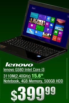 lenovo G580 Intel Core i3 3110M(2.40GHz) 15.6 inch Notebook, 4GB Memory, 500GB HDD