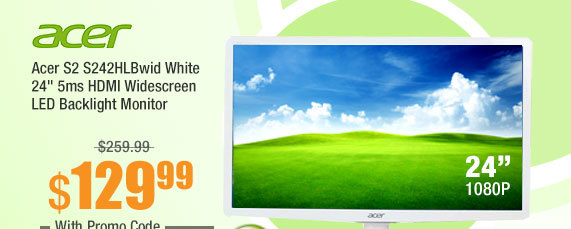 Acer S2 S242HLBwid White 24" 5ms HDMI Widescreen LED Backlight Monitor