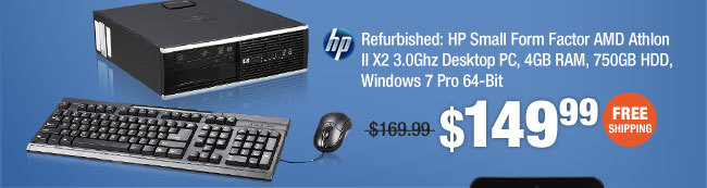 Refurbished: HP Small Form Factor AMD Athlon II X2 3.0Ghz Desktop PC, 4GB RAM, 750GB HDD, Windows 7 Pro 64 Bit 