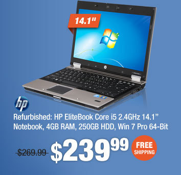 Refurbished: HP EliteBook Core i5 2.4GHz 14.1” Notebook, 4GB RAM, 250GB HDD, Win 7 Pro 64-Bit 