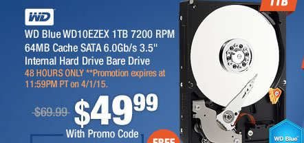WD Blue WD10EZEX 1TB 7200 RPM 64MB Cache SATA 6.0Gb/s 3.5" Internal Hard Drive Bare Drive