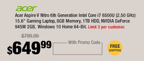 Acer Aspire V Nitro 6th Generation Intel Core i7 6500U (2.50 GHz) 15.6" Gaming Laptop, 8GB Memory, 1TB HDD, NVIDIA GeForce 945M 2GB,  Windows 10 Home 64-Bit 