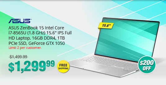 ASUS ZenBook 15 Intel Core i7-8565U (1.8 GHz) 15.6" IPS Full HD Laptop, 16GB DDR4, 1TB PCIe SSD, GeForce GTX 1050