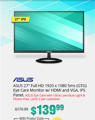 ASUS 27" Full HD 1920 x 1080 5ms (GTG) Eye Care Monitor w/ HDMI and VGA, IPS Panel