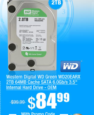 Western Digital WD Green WD20EARX 2TB 64MB Cache SATA 6.0Gb/s 3.5 inch Internal Hard Drive - OEM