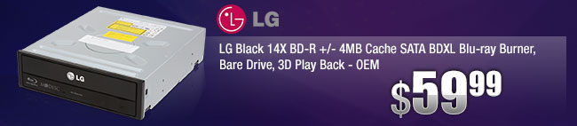 LG Black 14X BD-R +/- 4MB Cache SATA BDXL Blu-ray Burner, Bare Drive, 3D Play Back - OEM