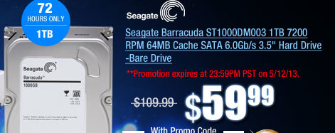 Seagate Barracuda ST1000DM003 1TB 7200 RPM 64MB Cache SATA 6.0Gb/s 3.5 inch Hard Drive -Bare Drive
