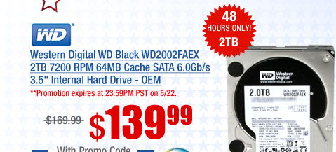 Western Digital WD Black WD2002FAEX 2TB 7200 RPM RPM 64MB Cache SATA 6.0Gb/s 3.5 inch Internal Hard Drive - OEM