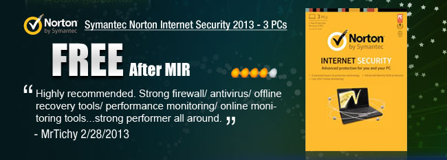 Symantec Norton Internet Security 2013 - 3 PCs. Highly recommended. Strong firewall/ antivirus/ offline recovery tools/ performance monitoring/ online monitoring tools...strong performer all around. 
- MrTichy 2/28/2013