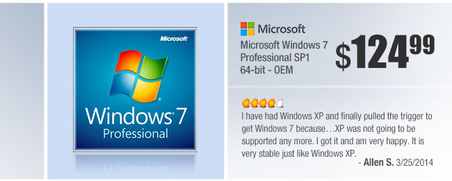 Microsoft Windows 7 Professional SP1 64-bit - OEM.  I have had Windows XP and finally pulled the trigger to get Windows 7 becauseXP was not going to be supported any more. I got it and am very happy. It is very stable just like Windows XP.