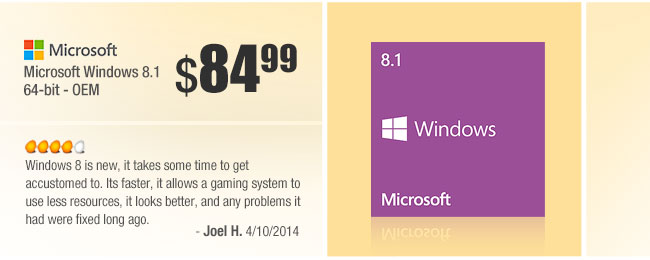 Microsoft Windows 8.1 64-bit - OEM. Windows 8 is new, it takes some time to get accustomed to. Its faster, it allows a gaming system to use less resources, it looks better, and any problems it had were fixed long ago.