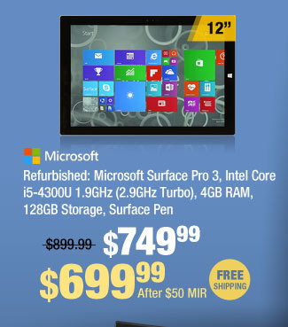 Refurbished: Microsoft Surface Pro 3, Intel Core i5-4300U 1.9GHz (2.9GHz Turbo), 4GB RAM, 128GB Storage, Surface Pen 