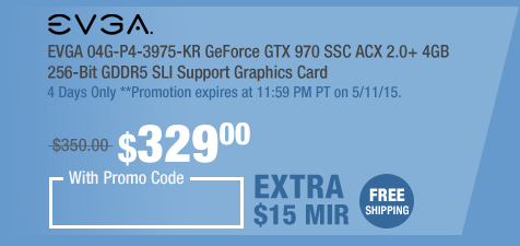 EVGA 04G-P4-3975-KR GeForce GTX 970 SSC ACX 2.0+ 4GB 256-Bit GDDR5 SLI Support Graphics Card