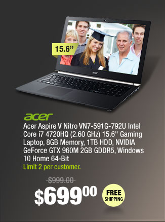 Acer Aspire V Nitro VN7-591G-792U Intel Core i7 4720HQ (2.60 GHz) 15.6" Gaming Laptop, 8GB Memory, 1TB HDD, NVIDIA GeForce GTX 960M 2GB GDDR5, Windows 10 Home 64-Bit