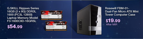 G.SKILL Ripjaws Series 16GB (2 x 8G) DDR3L 1600 (PC3L 12800) Laptop Memory Model F3-1600C9D-16GRSL. Rosewill FBM-01- Dual-Fan Micro ATX Mini Tower Computer Case.