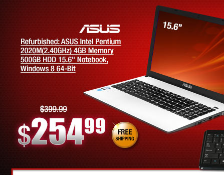 Refurbished: ASUS Intel Pentium 2020M(2.40GHz) 4GB Memory 500GB HDD 15.6" Notebook, Windows 8 64-Bit