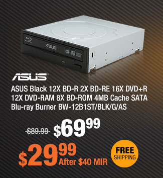 ASUS Black 12X BD-R 2X BD-RE 16X DVD+R 12X DVD-RAM 8X BD-ROM 4MB Cache SATA Blu-ray Burner BW-12B1ST/BLK/G/AS