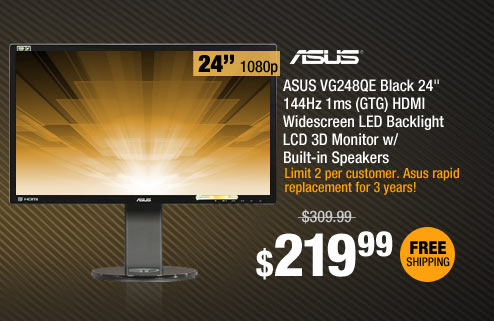 ASUS VG248QE Black 24" 144Hz 1ms (GTG) HDMI Widescreen LED Backlight LCD 3D Monitor w/ Built-in Speakers