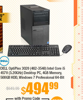 DELL OptiPlex 3020 (462-3548) Intel Core i5 4570 (3.20GHz) Desktop PC, 4GB Memory, 500GB HDD, Windows 7 Professional 64-Bit