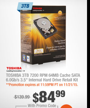 TOSHIBA 3TB 7200 RPM 64MB Cache SATA 6.0Gb/s 3.5" Internal Hard Drive Retail Kit