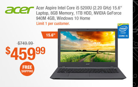 Acer Aspire Intel Core i5 5200U (2.20 GHz) 15.6" Laptop, 8GB Memory, 1TB HDD, NVIDIA GeForce 940M 4GB, Windows 10 Home