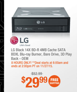 LG Black 14X BD-R 4MB Cache SATA BDXL Blu-ray Burner, Bare Drive, 3D Play Back - OEM