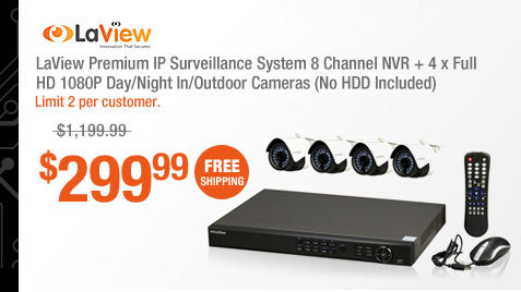LaView Premium IP Surveillance System 8 Channel NVR + 4 x Full HD 1080P Day/Night In/Outdoor Cameras (No HDD Included)