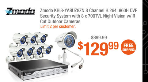 Zmodo KHI8-YARUZ8ZN 8 Channel H.264, 960H DVR Security System with 8 x 700TVL Night Vision w/IR Cut Outdoor Cameras