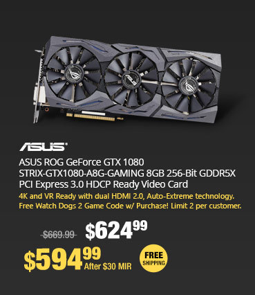 ASUS ROG GeForce GTX 1080 STRIX-GTX1080-A8G-GAMING 8GB 256-Bit GDDR5X PCI Express 3.0 HDCP Ready Video Card