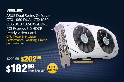 ASUS Dual Series GeForce GTX 1060 DUAL-GTX1060-O3G 3GB 192-Bit GDDR5 PCI Express 3.0 HDCP Ready Video Card