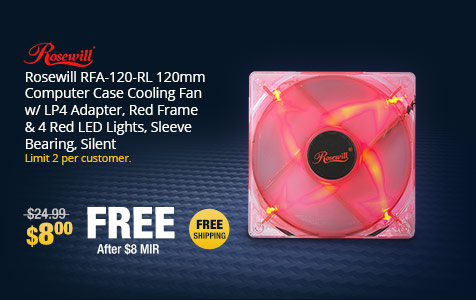 Rosewill RFA-120-RL 120mm Computer Case Cooling Fan w/ LP4 Adapter, Red Frame & 4 Red LED Lights, Sleeve Bearing, Silent