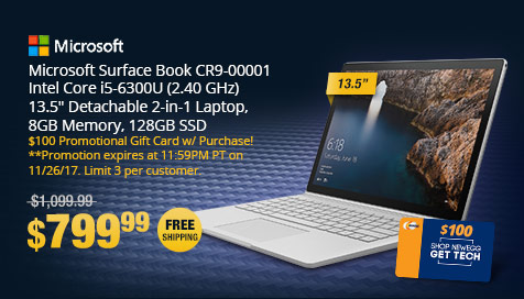 Microsoft Surface Book CR9-00001 Intel Core i5-6300U (2.40 GHz) 13.5" Detachable 2-in-1 Laptop, 8GB Memory, 128GB SSD