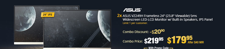 ASUS VZ249H Frameless 24" (23.8" Viewable) 5ms Widescreen LED-LCD Monitor w/ Built-in Speakers, IPS Panel