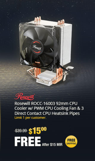 Rosewill ROCC-16003 92mm CPU Cooler w/ PWM CPU Cooling Fan & 3 Direct Contact CPU Heatsink Pipes