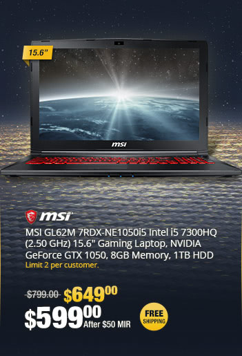 MSI GL62M 7RDX-NE1050i5 Intel i5 7300HQ (2.50 GHz) 15.6" Gaming Laptop, NVIDIA GeForce GTX 1050, 8GB Memory, 1TB HDD