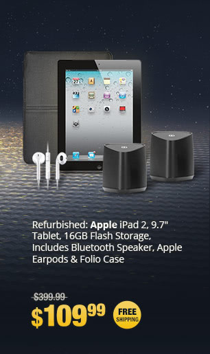 Refurbished: Apple iPad 2 (9.7" Tablet, Black, 16GB Flash Storage) Includes Bluetooth Speaker, Apple Earpods and Folio Case