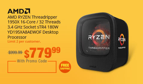 AMD RYZEN Threadripper 1950X 16-Core / 32 Threads 3.4 GHz Socket sTR4 180W YD195XA8AEWOF Desktop Processor
