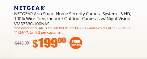 NETGEAR Arlo Smart Home Security Camera System - 3 HD, 100% Wire-Free, Indoor / Outdoor Cameras w/ Night Vision - VMS3330-100NAS