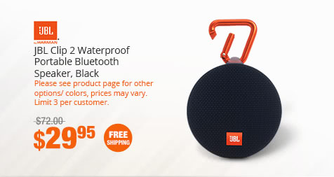 JBL Clip 2 Waterproof Portable Bluetooth Speaker, Black