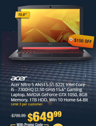 Acer Nitro 5 AN515-51-522L Intel Core i5 - 7300HQ (2.50 GHz) 15.6" Gaming Laptop, NVIDIA GeForce GTX 1050, 8GB Memory, 1TB HDD, Win 10 Home 64-Bit