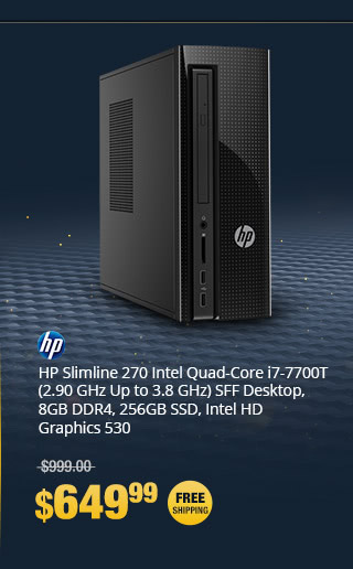 HP Slimline 270 Intel Quad-Core i7-7700T (2.90 GHz Up to 3.8 GHz) SFF Desktop, 8GB DDR4, 256GB SSD, DVD-RW, HD Graphics 530