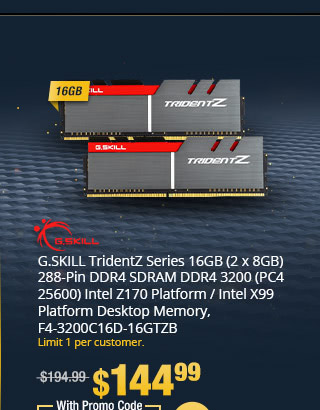 G.SKILL TridentZ Series 16GB (2 x 8GB) 288-Pin DDR4 SDRAM DDR4 3200 (PC4 25600) Intel Z170 Platform / Intel X99 Platform Desktop Memory, F4-3200C16D-16GTZB