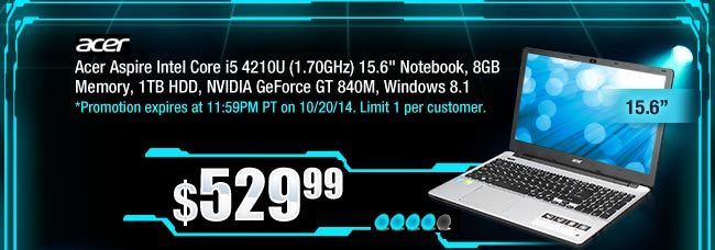 Acer Aspire Intel Core i5 4210U (1.70GHz) 15.6" Notebook, 8GB Memory, 1TB HDD, NVIDIA GeForce GT 840M, Windows 8.1