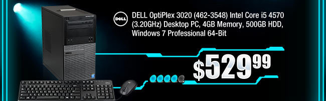 DELL OptiPlex 3020 (462-3548) Intel Core i5 4570 (3.20GHz) Desktop PC, 4GB Memory, 500GB HDD, Windows 7 Professional 64-Bit