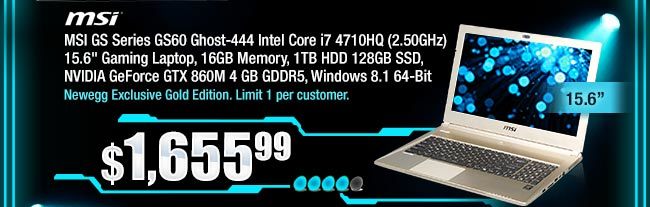 MSI GS Series GS60 Ghost-444 Intel Core i7 4710HQ (2.50GHz) 15.6" Gaming Laptop, 16GB Memory, 1TB HDD 128GB SSD, NVIDIA GeForce GTX 860M 4 GB GDDR5, Windows 8.1 64-Bit