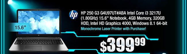 HP 250 G3 G4U97UT#ABA Intel Core i3 3217U (1.80GHz) 15.6" Notebook, 4GB Memory, 320GB HDD, Intel HD Graphics 4000, Windows 8.1 64-bit