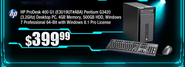 HP ProDesk 400 G1 (E3U19UT#ABA) Pentium G3420 (3.2GHz) Desktop PC, 4GB Memory, 500GB HDD, Windows 7 Professional 64-Bit with Windows 8.1 Pro License