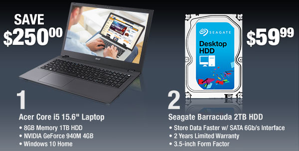 Acer Core i5 15.6" Laptop, Seagate Barracuda 2TB HDD