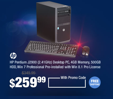 HP Pentium J2900 (2.41GHz) Desktop PC, 4GB Memory, 500GB HDD, Win 7 Professional Pre-installed with Win 8.1 Pro License